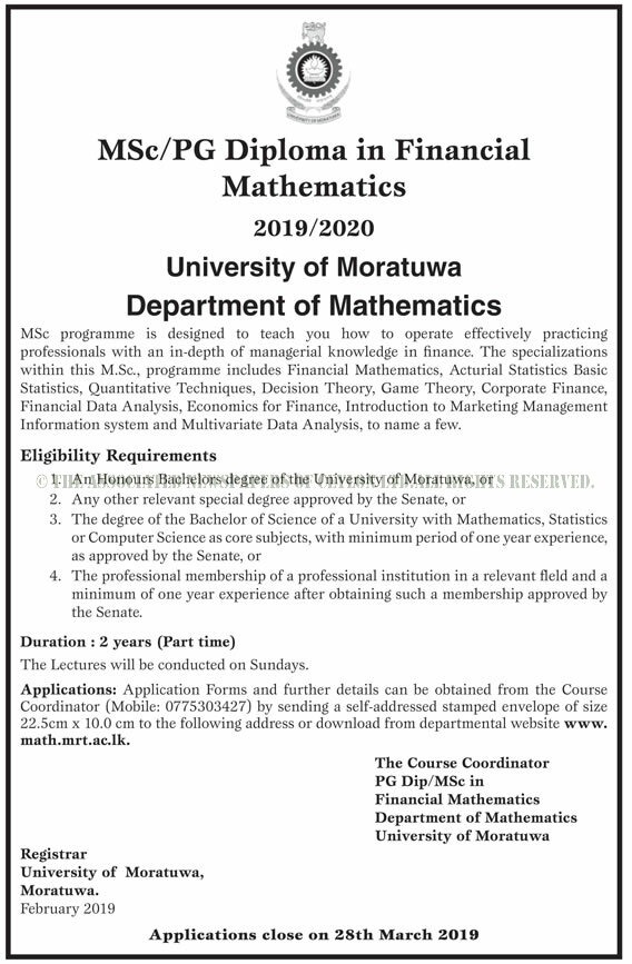 MSc / PG Diploma in Financial Mathematics - University of Moratuwa